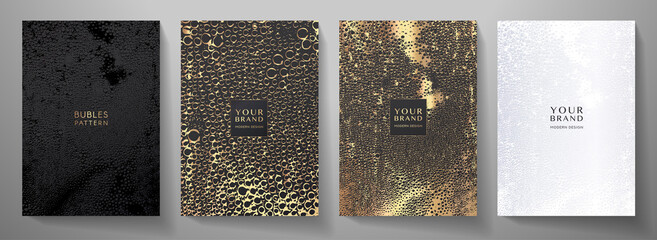 Modern cover design set. Luxury gold and black background with water droplets pattern (sparkling bubbles). Holiday vector template for drink menu, invite, brochure template, flyer