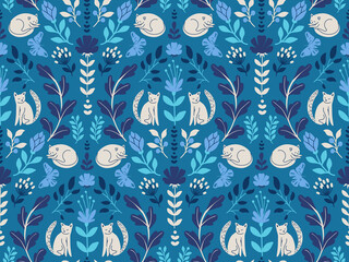 Floral background with cats and plants. Cute seamleass pattern. - 454697637