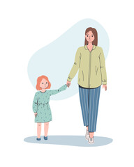 Mother and her daughter are holding hands and walking together. Vector flat illustration - 454697820