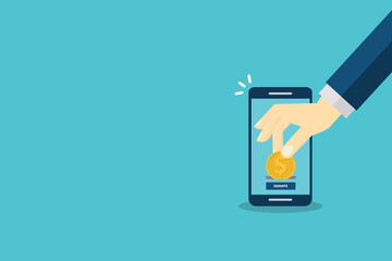 Online donation using charity application on smartphone. Modern charity, donation concepts. Flat design vector illustration 