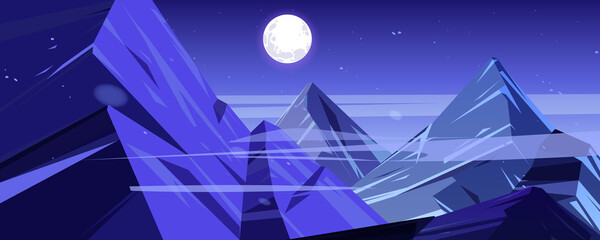 Night mountains peaks twilight landscape, scenery view with high rocks and full moon with stars glowing over rocky tops. Beautiful nature background, hills at nighttime, Cartoon vector illustration