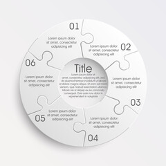 Puzzle six piece business round presentation. Circle puzzles infograph. Section compare banner background. 6 puzzle step round process diagram. business infographic banner
