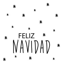 Banner con frase Feliz Navidad en español manuscrito con copos de nieve en color negro