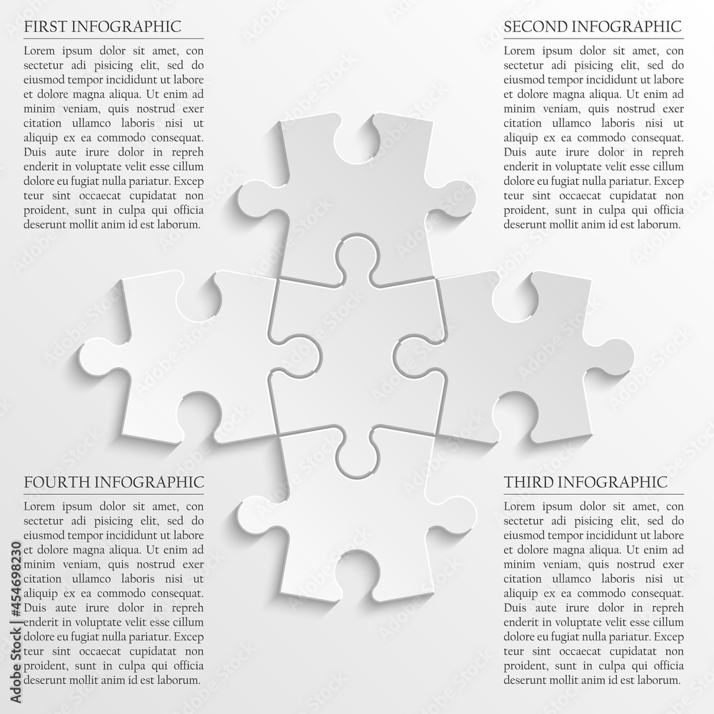 Fototapete Four sided 3d puzzle presentation. Abstract puzzle infographic template with explanatory text field for business statistics. Vector four pieces puzzles illustration