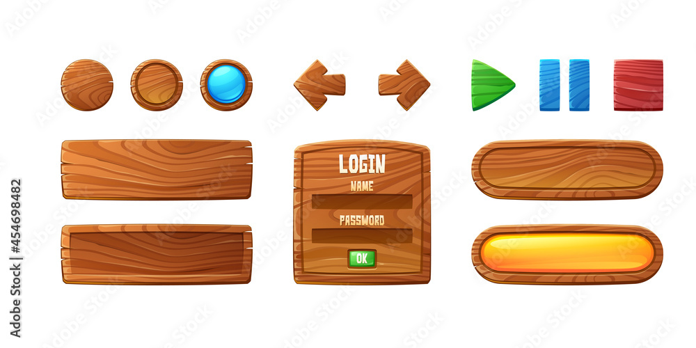 Poster wooden buttons for user interface design in game, video player or website. vector cartoon set of bro