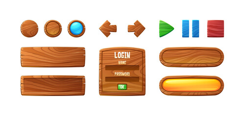 Wooden buttons for user interface design in game, video player or website. Vector cartoon set of brown wood ui elements, check box, stop, play and pause buttons and login frame