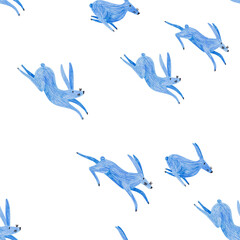 Pencil drawn seamless pattern with running rabbits