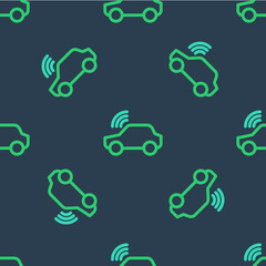 Line Smart car system with wireless connection icon isolated seamless pattern on blue background. Remote car control. Vector