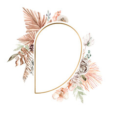 Boho tropical floral frame, Watercolor boho roses and palm leaves, Floral borders png for wedding invitations, feminine logo, baby shower, engagement, mothers day