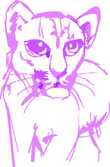 Sketch of lion cub in pink color on white. Cute lion cub for posters and textiles, prints on T-shirts, wallpaper, emblems, logos, tattos, embroidery, stickers, etc.