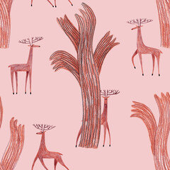 Pencil drawn seamless pattern with deers in the woods