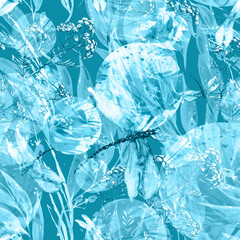 Creative seamless watercolor pattern of plants, Herbs, flowers, lily, tulip. Immortelle plant, tansy, wild herbs. dragonfly. Abstract paint splash. Watercolor background. Vintage Paper, cloth, scarf