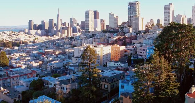Aerial: San Francisco city skyline. California, USA