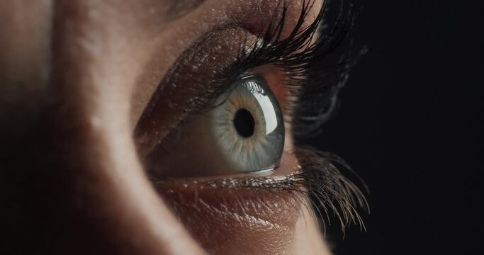 close up macro eye opening blue eye of woman with healthy eyesight awareness concept