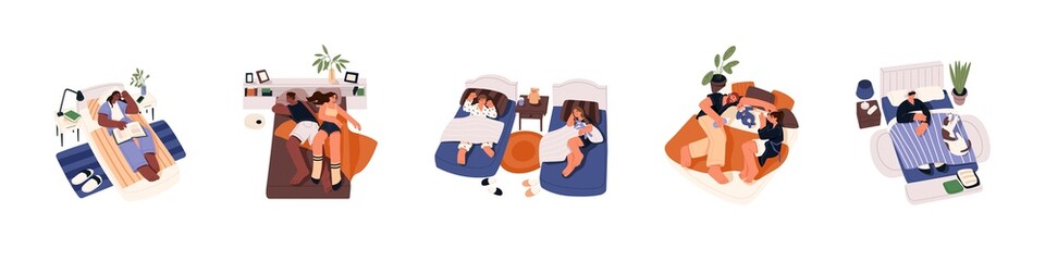 Set of diverse asleep people lying in beds. Family with baby, couple, children, alone woman, dog sleeping in bedroom. Person resting on pillow. Flat vector illustration isolated on white background