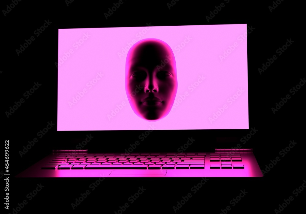 Poster sci-fi 3d illustration of a laptop and a face appearing from a glowing neon screen.