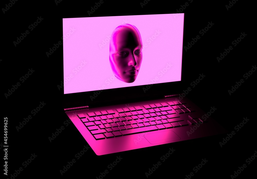 Poster sci-fi 3d illustration of a laptop and a face appearing from a glowing neon screen.