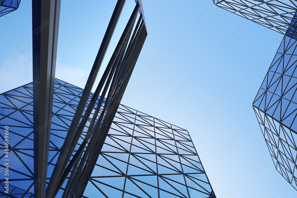 Poster low angle view of futuristic modern architecture, skyscraper of corporate office building, 3d render