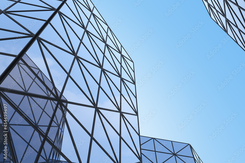 Poster low angle view of futuristic modern architecture, skyscraper of corporate office building, 3d render