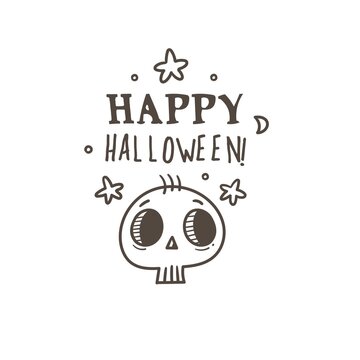 Halloween card with cute cartoon monsters. Holiday poster with spooky characters. Vector contour doodle skull.
