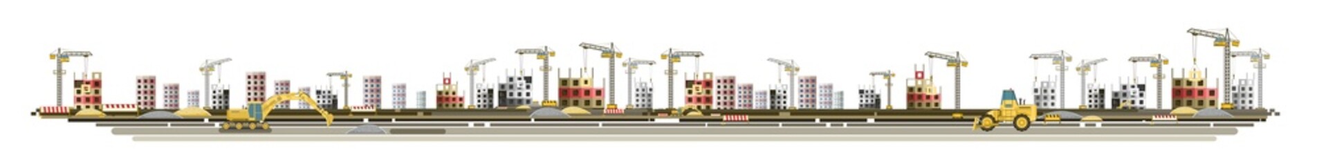 Construction of new microdistrict of city. Cranes and Tractors. Modern technologies and equipment. Horizontal. Isolated on white background illustration vector