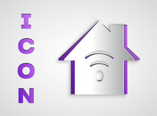 Paper cut Smart home with wi-fi icon isolated on grey background. Remote control. Paper art style. Vector