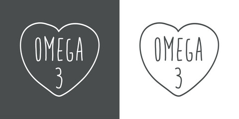 Logotipo con texto manuscrito Omega 3 escrito a mano en silueta de corazón con lineas en fondo gris y fondo blanco © teracreonte