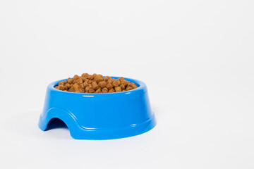 Blue plate with dry food for animal on a white background isolate with space for text for the pet shop