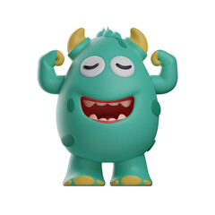 3D Cute Monster Cartoon Illustration showing his muscle