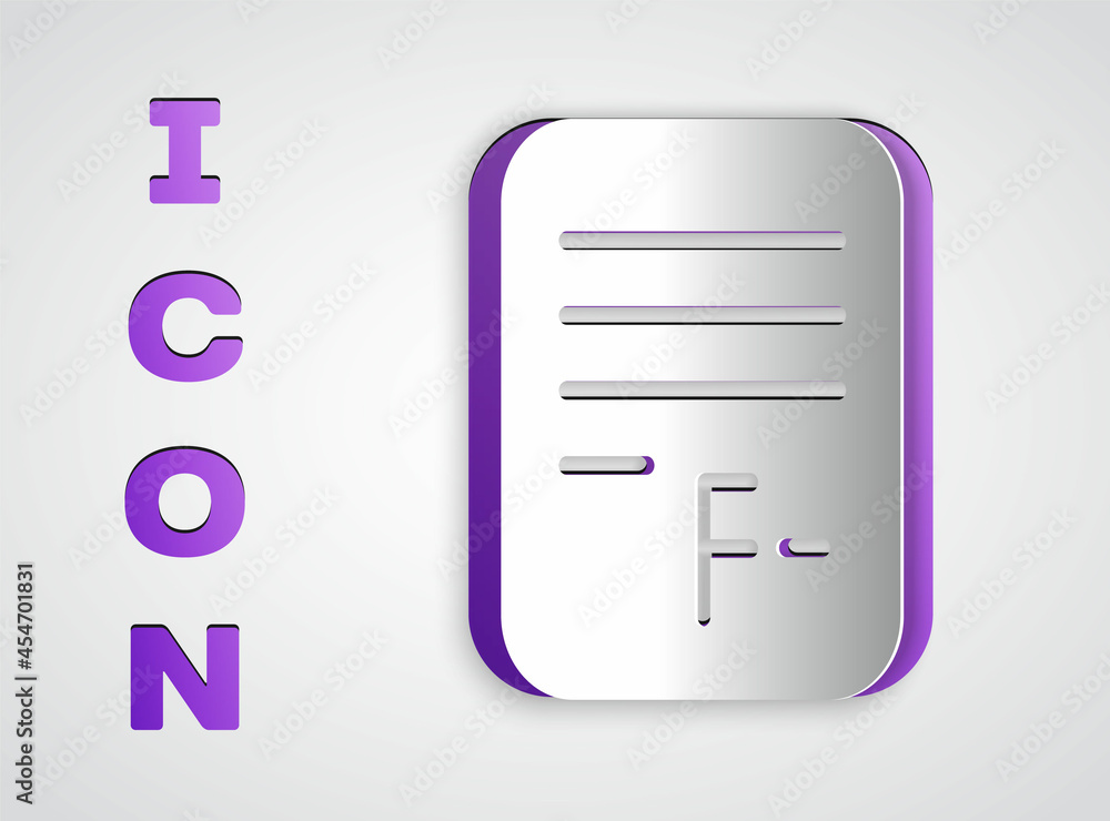 Poster paper cut exam paper with incorrect answers survey icon isolated on grey background. bad mark of tes