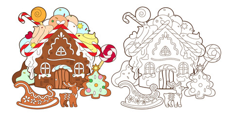 Coloring page with gingerbread house, Christmas candies and new year gingerbread tree, vector ,illustration in cartoon style, black and white line art for kids