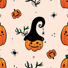 Jack o Lanterns, variety of carved halloween pumpkin characters with spiders, webs, dots vector seamless pattern background.