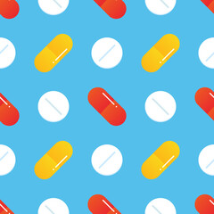 Colorful food supplements, pills, medications vector seamless pattern background for medical and healthcare design.