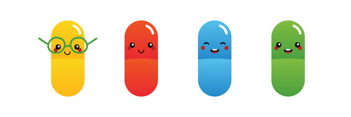 Set, collection of cute colorful cartoon style food supplements, pills, medications characters for medicine and healthcare design.
