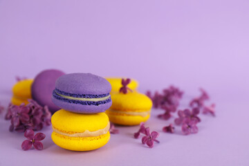 Obraz na płótnie Canvas Delicious colorful macarons and lilac flowers on violet background, space for text
