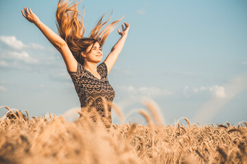 happy beautiful young woman enjoying nature, raising hands on background of cloudy sky in wheat...