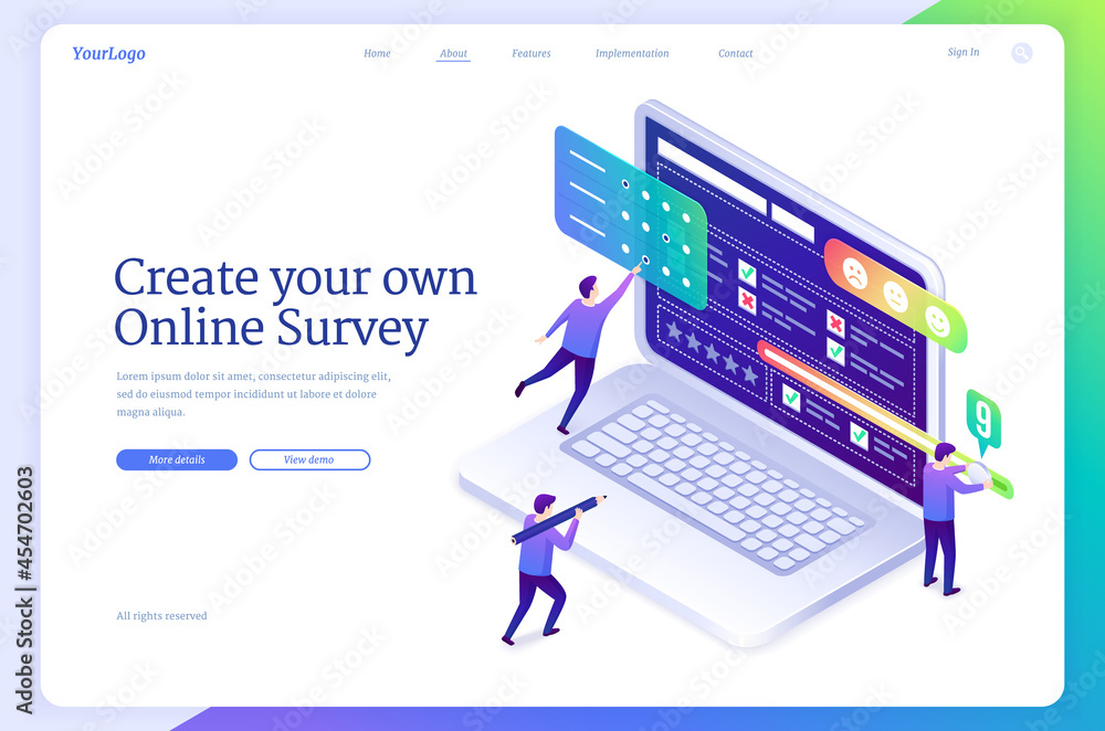 Poster online survey banner. service for create web forms for poll, checklist or quiz. vector landing page 
