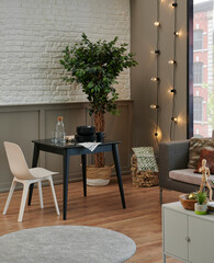 Carpet detail in the room, kitchen table, black chair and grey sofa, lamp, plant and bookshelf background.