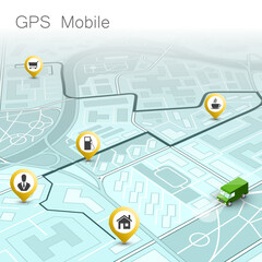 City map navigation route, point markers delivery van, isometry schema itinerary delivery car, city plan GPS navigation, itinerary destination arrow city map. Route delivery truck check point graphic