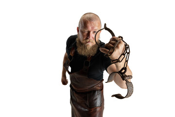 Close-up muscular bearded bald man, blacksmith wearing leather apron or uniform isolated on white...