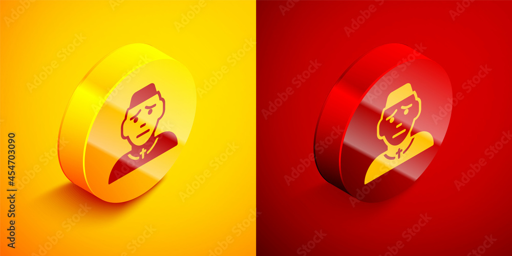 Poster isometric priest icon isolated on orange and red background. circle button. vector