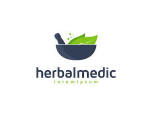 Herb traditional medicine logo with leaves and pestle illustration