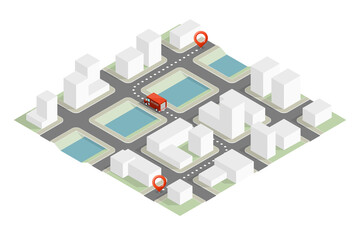 Isometric 3d city delivery van. Cargo truck transportation route, Fast delivery logistic 3d carrier transport, flat isometry city freight car infographic. Low poly style isometry vehicle truck town