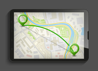 City map route navigation smartphone, phone point marker, application drawing schema, simple city plan GPS navigation tablet, itinerary destination arrow paper city map. Route delivery check point