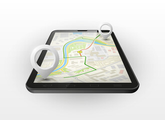 City map navigation 3d smartphone, phone point marker, app drawing schema, simple city plan GPS navigation 3d tablet, itinerary destination arrow paper city map. Route delivery check point graphic