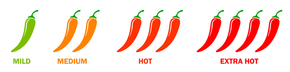 Hot chili pepper icons set. Moderate to very hot severity. Simple flat illustration.
