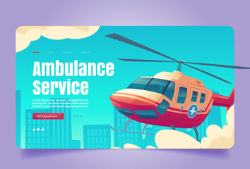 Ambulance service banner. Vector landing page of emergency rescue and urgent first aid service with cartoon illustration of red helicopter with cross sign flying in sky above city