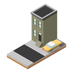 Isometric house car banner. Auto transportation route map, 3D automobile logistic, isometric house transport, app isometry home city auto car, infographic vehicle. Low poly style car vehicle model