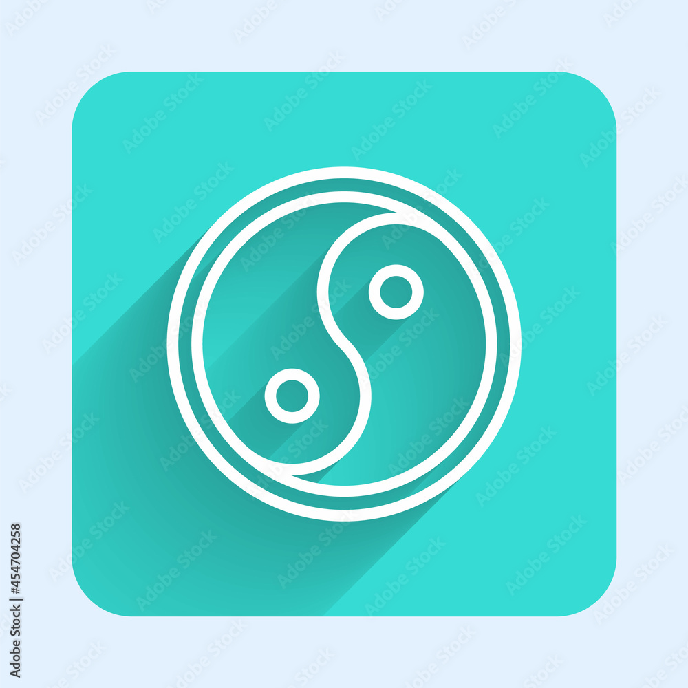 Poster white line yin yang symbol of harmony and balance icon isolated with long shadow. green square butto