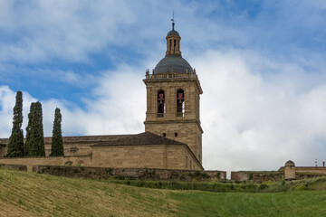 Detailed view at the iconic spanish Romanesque architecture tower building at the Cuidad Rodrigo cathedral inside the fortress